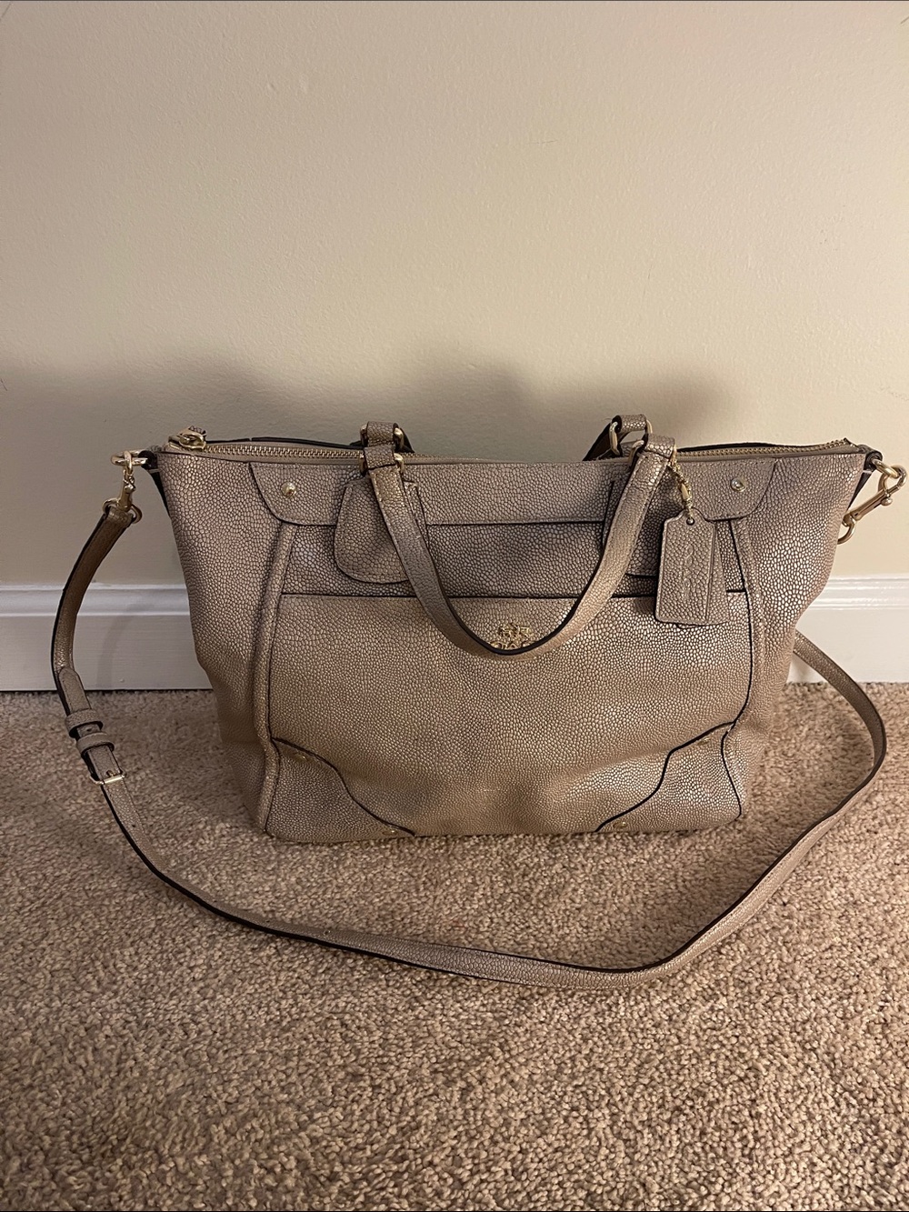 Coach Leather Tote Handbag in Taupe - Pebbled Leather. Metallic
